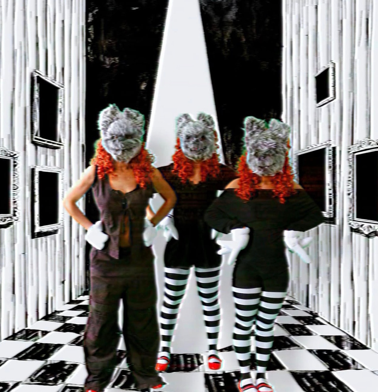 TRIO & I — three figures in surreal artistic corridor with checkered floor